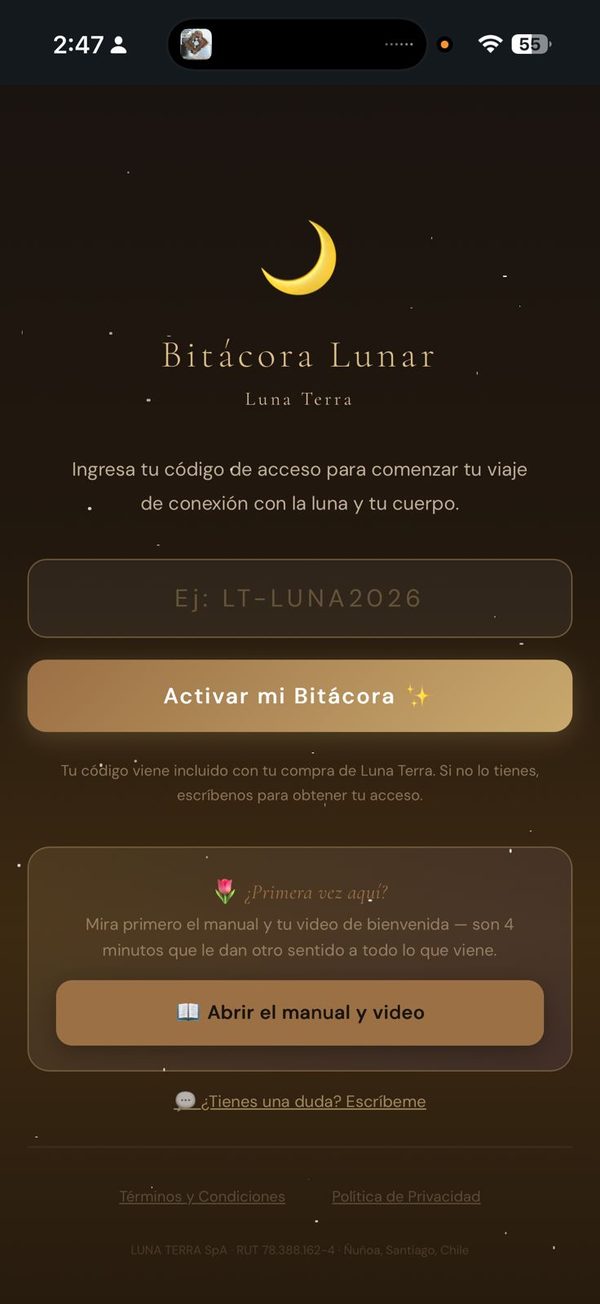 Pantalla de la aplicacion Bitacora Lunar